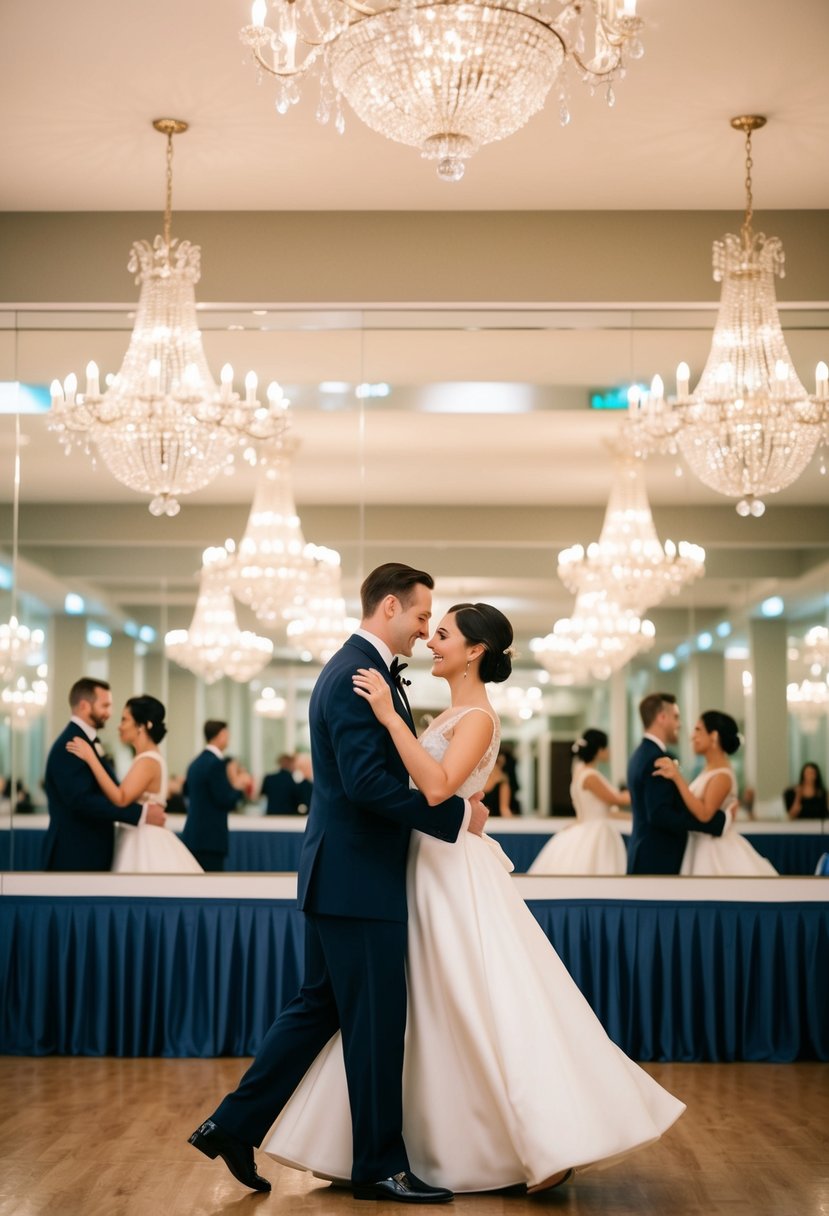 A couple waltzing in a spacious, elegant ballroom with mirrored walls and chandeliers overhead