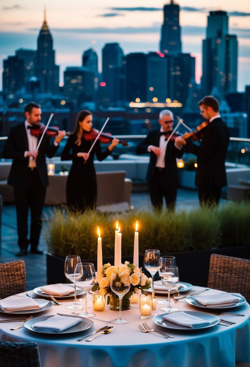 A candlelit dinner on a rooftop terrace overlooking the city skyline, with a string quartet playing in the background