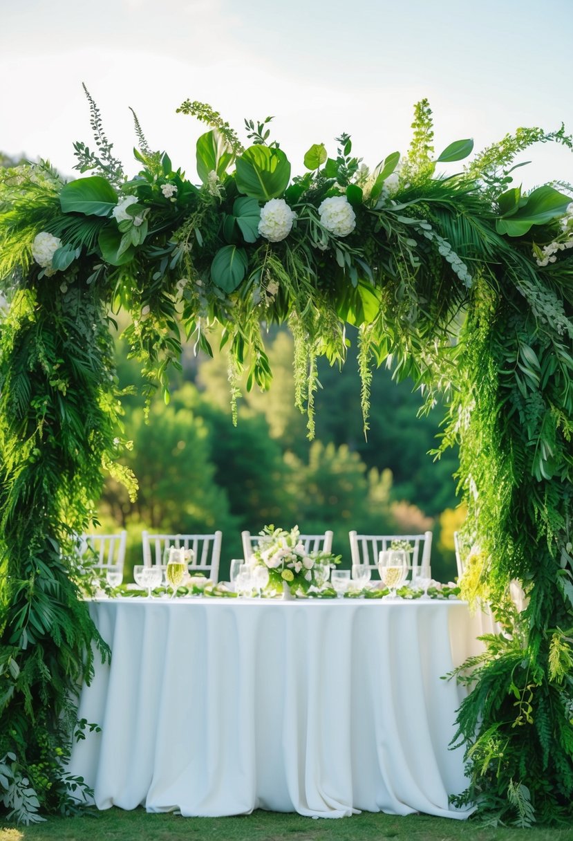 A lush garland of vibrant greenery drapes across the head table, creating a stunning backdrop for a wedding celebration