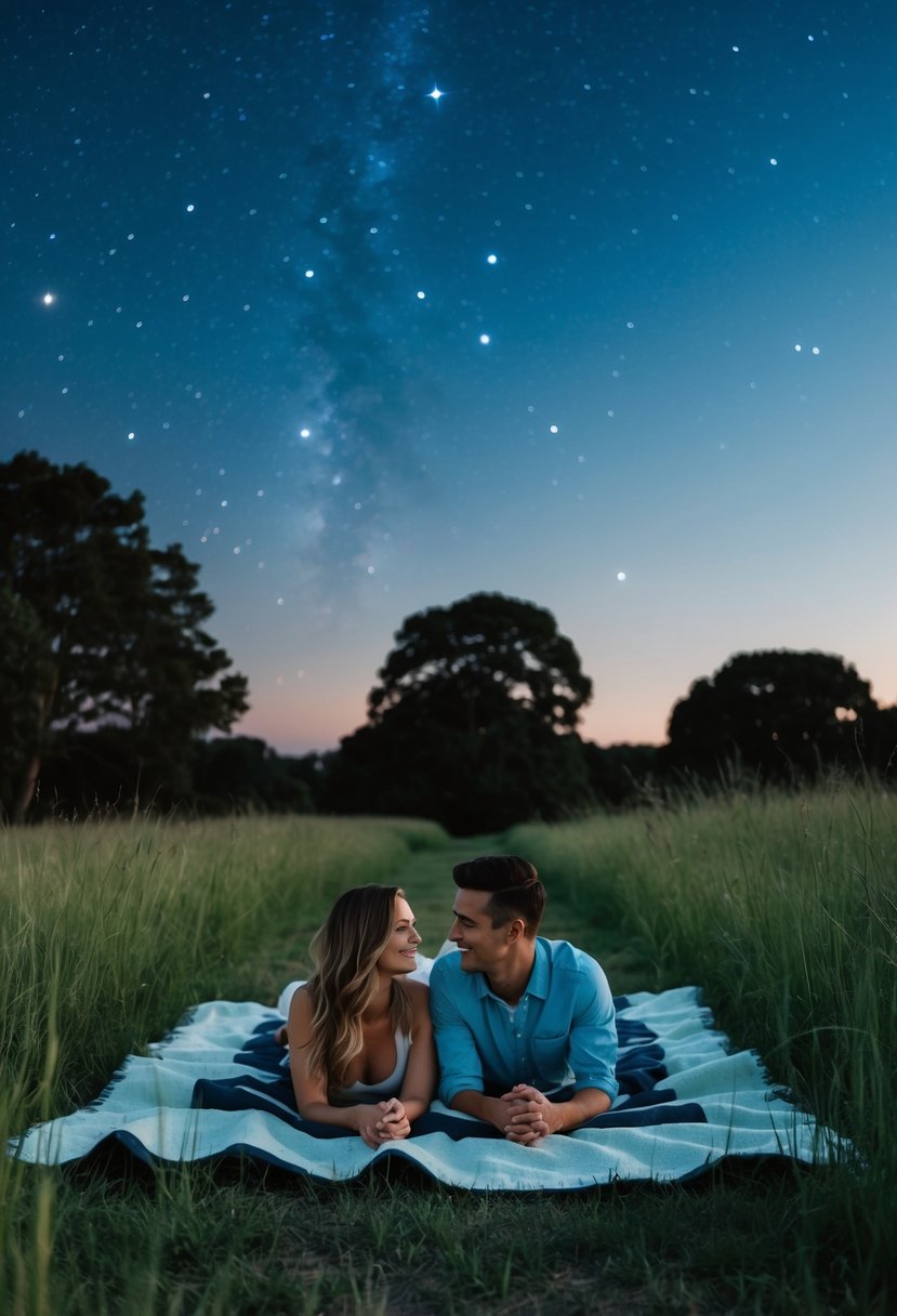 A couple lying on a blanket under a clear night sky, surrounded by tall grass and trees, with twinkling stars overhead