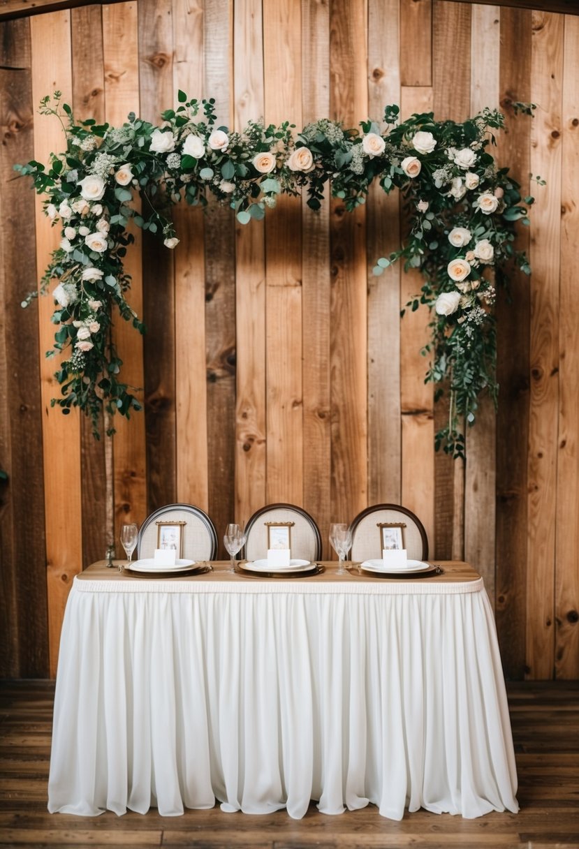 A rustic wooden backdrop adorned with vintage-inspired decor for a wedding head table