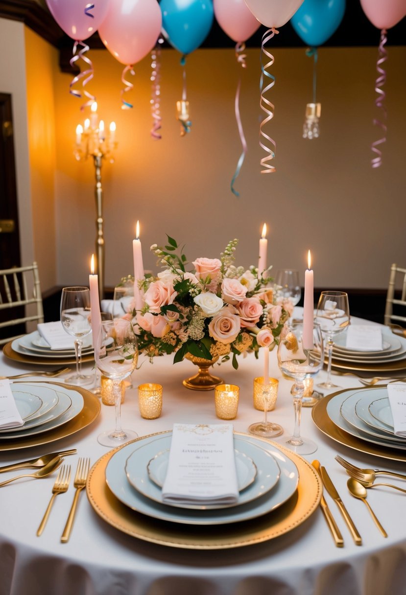 A table set with elegant dinnerware, surrounded by romantic candles and adorned with a beautiful floral centerpiece. Balloons and streamers hang from the ceiling, creating a festive atmosphere