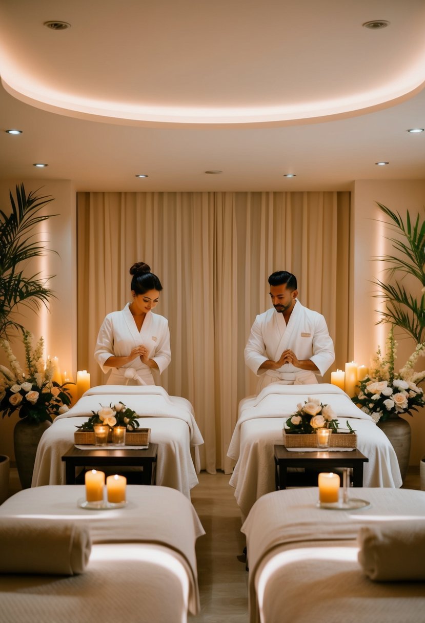 A serene spa room with two massage tables, soft lighting, and soothing music. A couple enjoys side-by-side massages surrounded by candles and fresh flowers