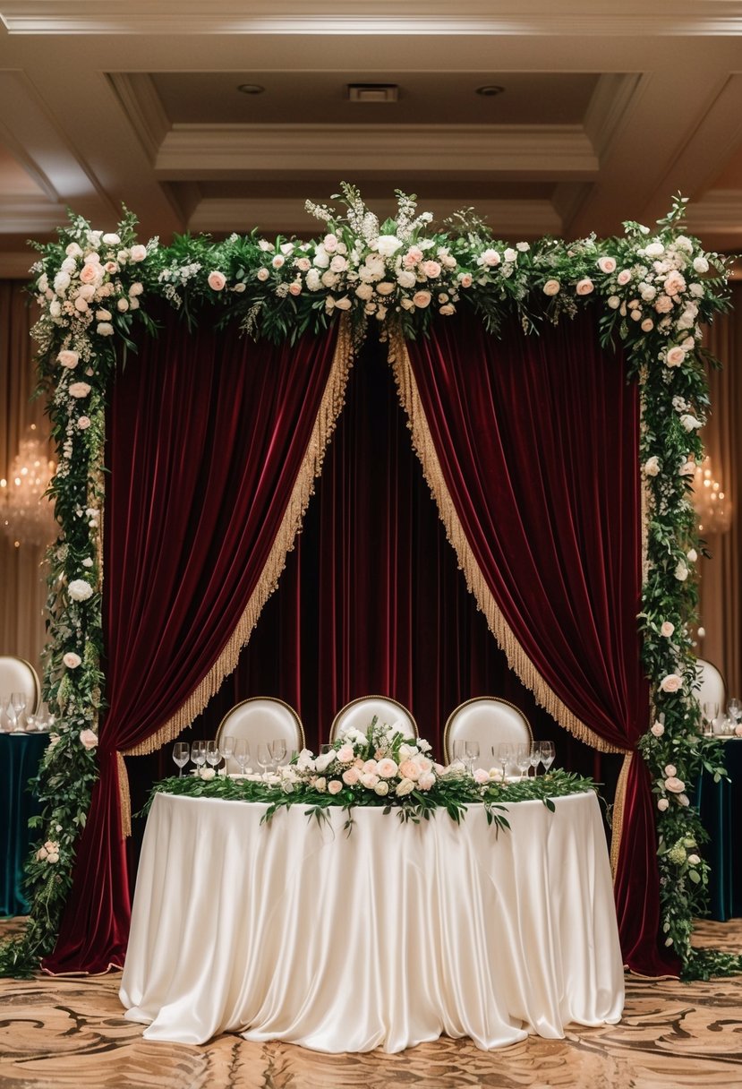 An opulent head table draped in rich velvet fabric, creating a luxurious backdrop for a wedding reception