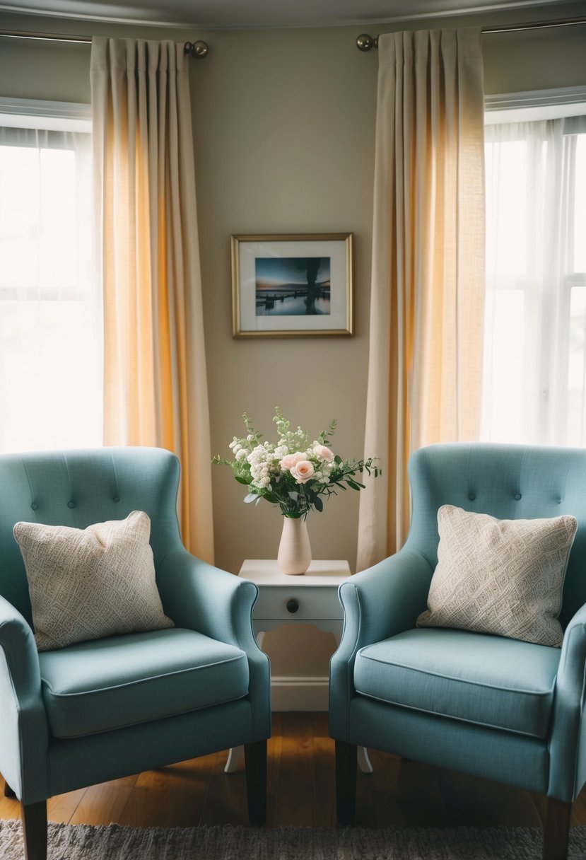 A cozy living room with two chairs facing each other, a small table in between. Soft lighting and a vase of flowers add to the romantic atmosphere