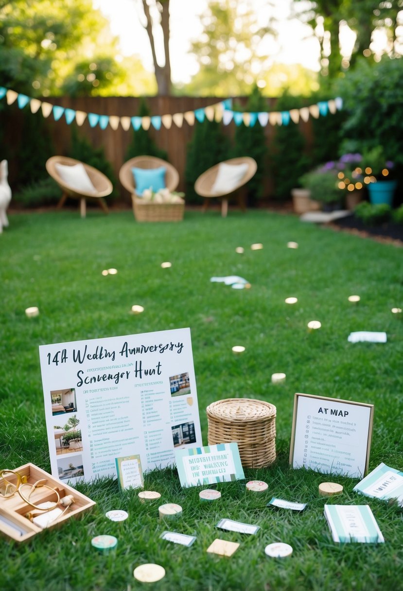 A backyard filled with hidden clues, a map, and various DIY-themed items scattered around for a 14th wedding anniversary scavenger hunt