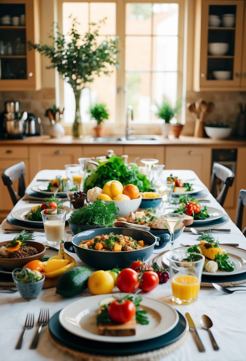 A beautifully set table with an array of gourmet ingredients and cooking utensils, surrounded by a warm and cozy kitchen atmosphere