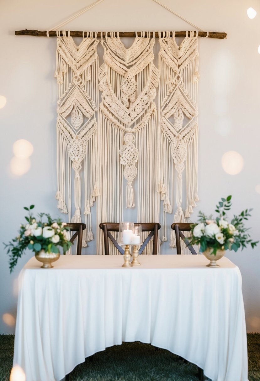 A bohemian macramé wall hanging drapes elegantly behind a wedding head table, creating a stunning and intricate backdrop for the special occasion