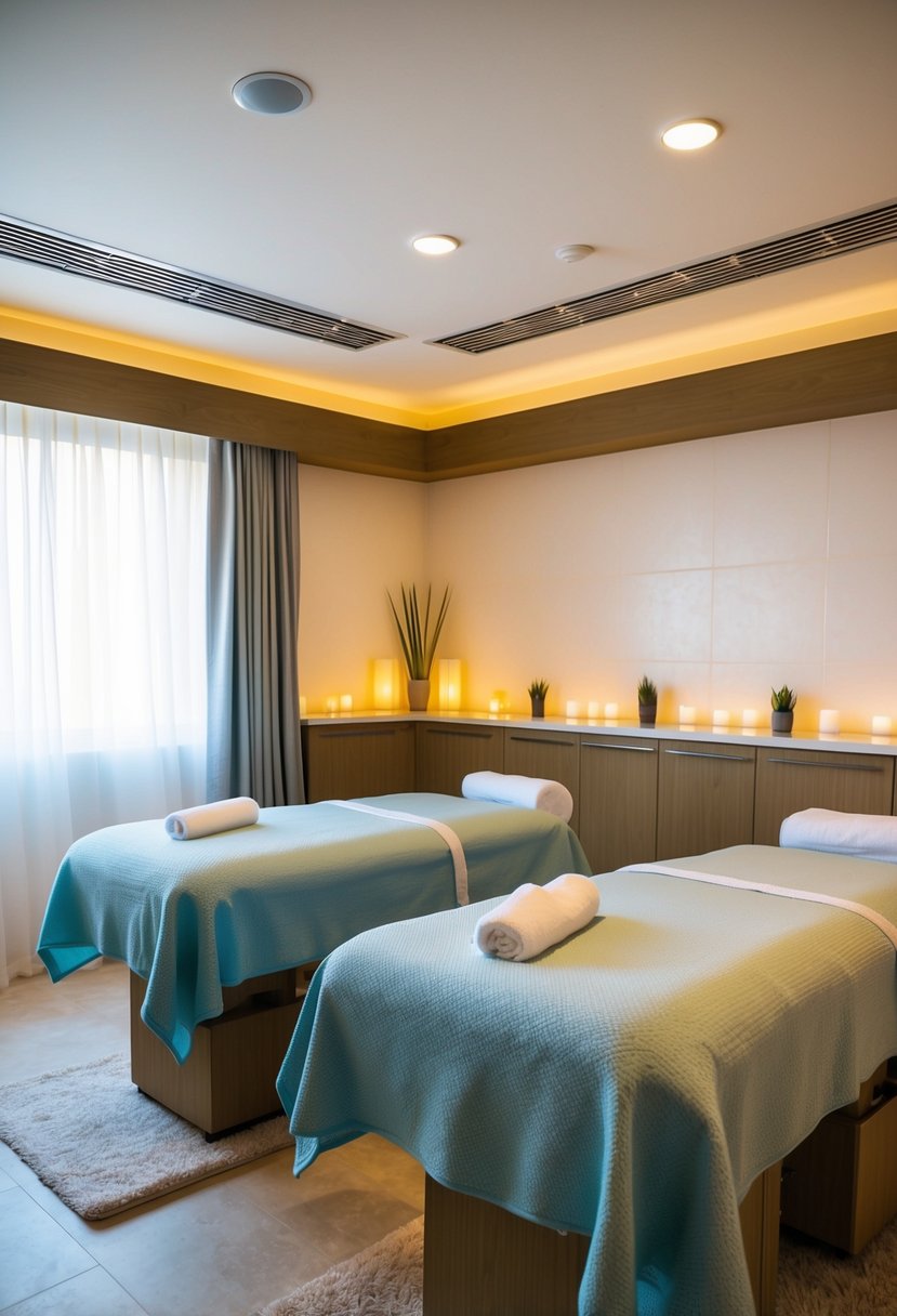 A serene spa room with two massage tables, soft lighting, and calming music. Aromatherapy scents fill the air, creating a relaxing atmosphere for a couple's spa day