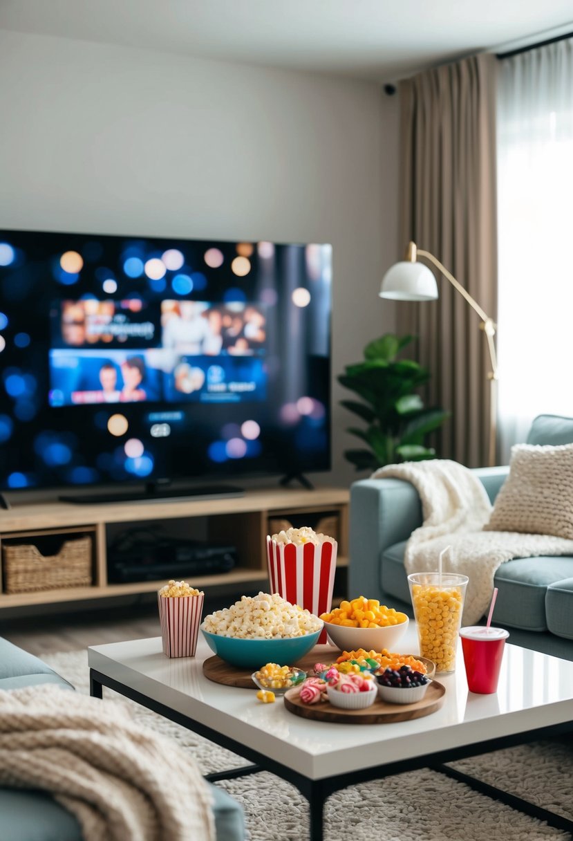 A cozy living room with a big screen TV, soft blankets, and a spread of popcorn, candy, and drinks on a coffee table