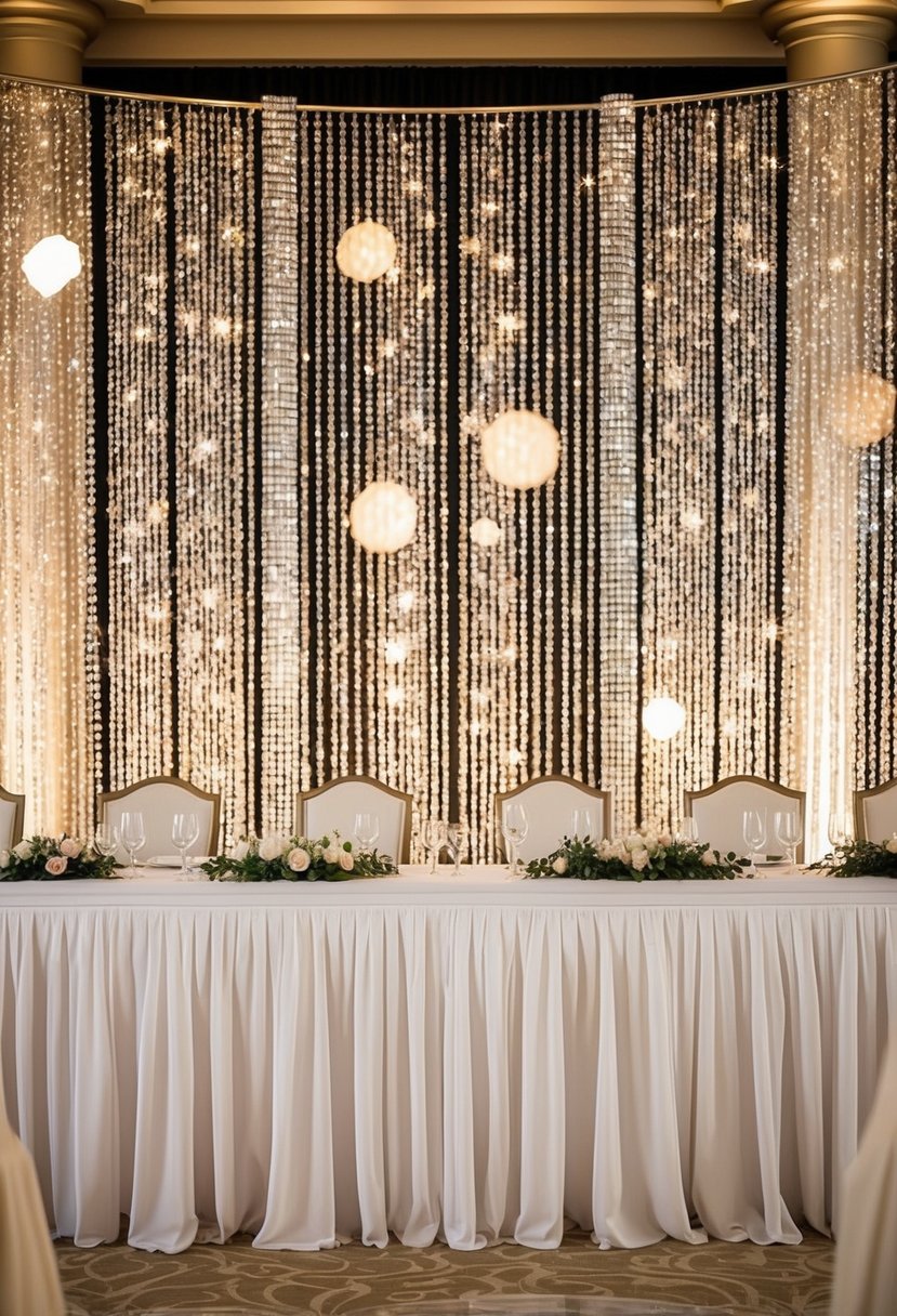 A grand head table backdrop with cascading crystal bead panels shimmering in the soft wedding lights