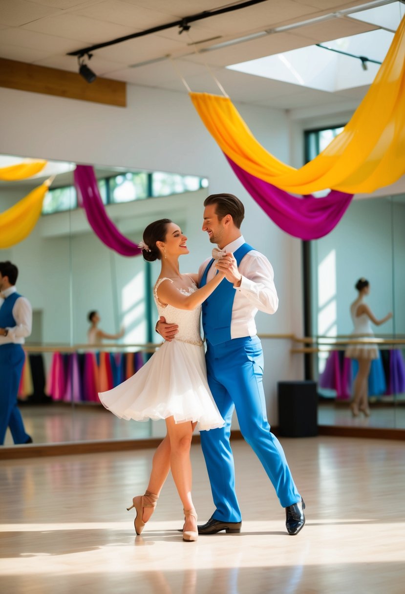 A couple gracefully waltzing in a spacious, sunlit dance studio, surrounded by mirrors and colorful, flowing fabrics