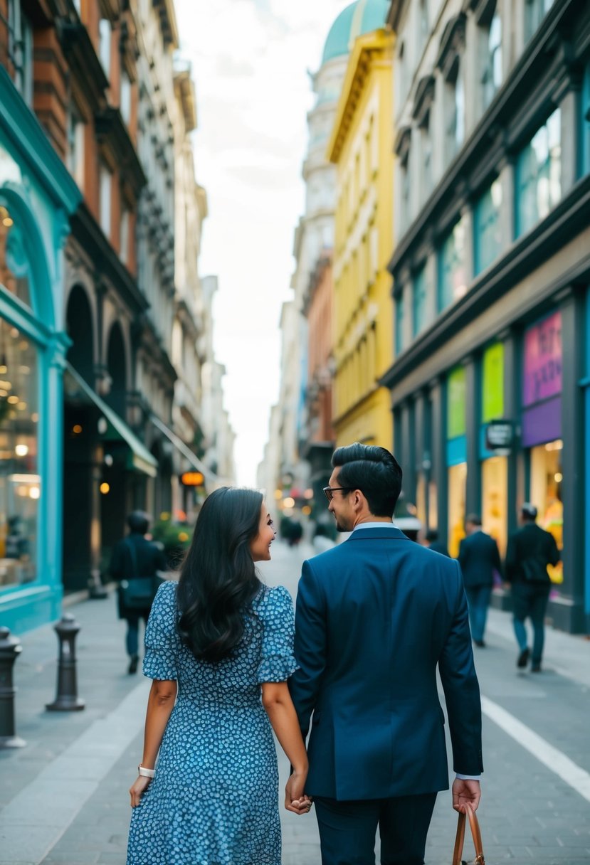 A couple strolling through a vibrant city, admiring historic architecture, bustling streets, and colorful storefronts