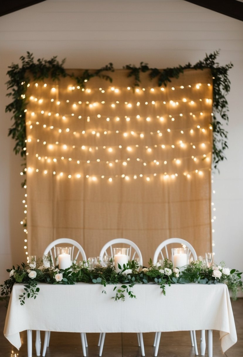 A burlap backdrop adorned with twinkling fairy lights, creating a rustic and romantic ambiance for a wedding head table