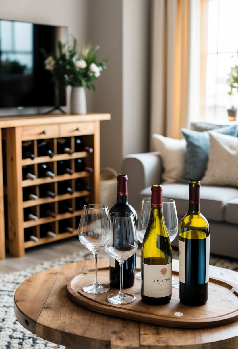 A cozy living room with a wooden wine rack, a rustic table with wine glasses, and a variety of wine bottles displayed for a home wine tasting