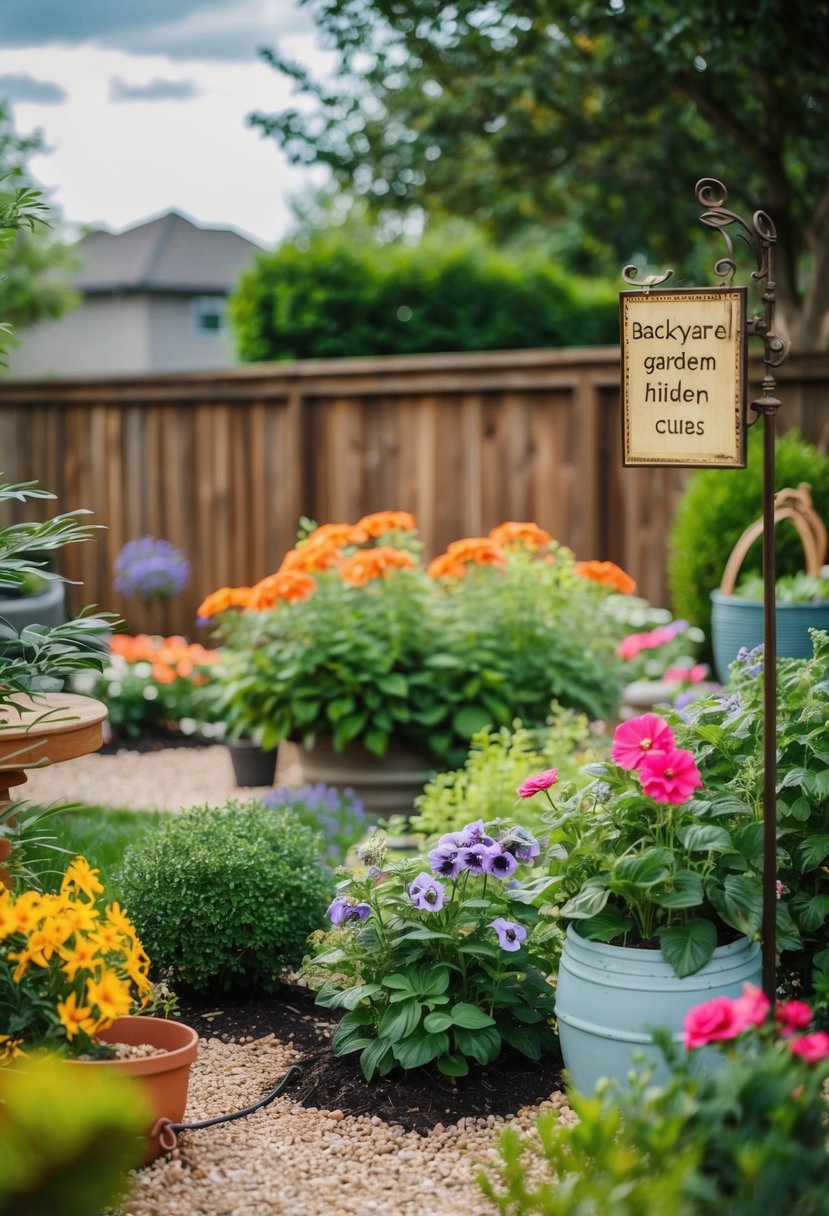 A backyard garden with hidden clues among flowers, trees, and decorative elements