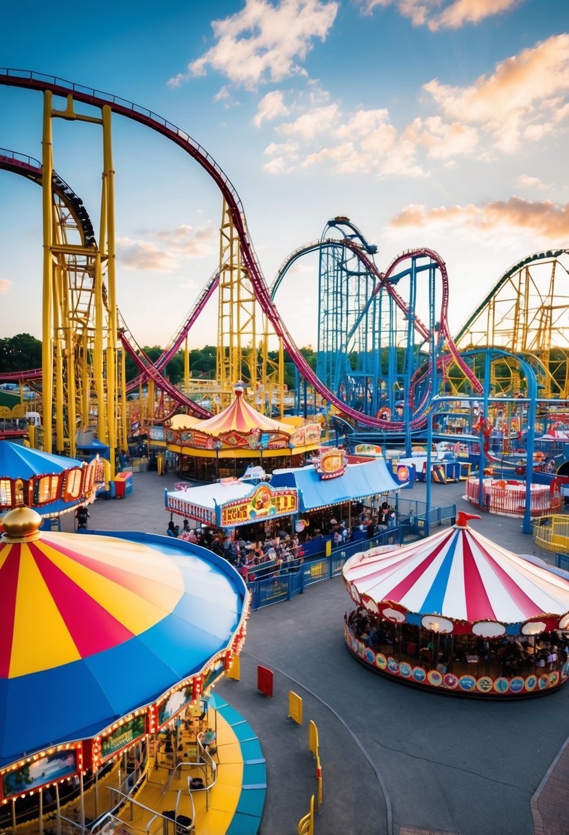 Thrilling roller coasters, colorful carnival games, and festive carousel at a bustling amusement park