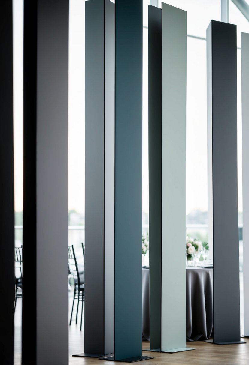 A series of tall, narrow panels in varying shades of gray create a minimalist monochrome backdrop for a wedding head table