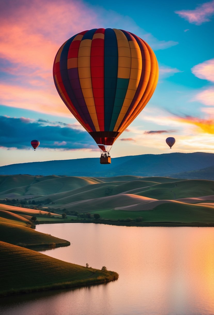 A colorful hot air balloon floats above rolling hills and a serene lake at sunset