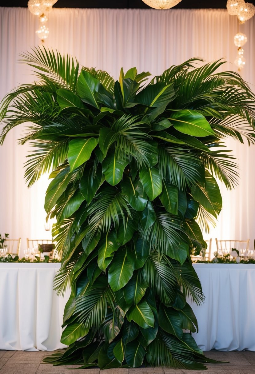 A lush arrangement of tropical palm leaves cascades down a head table backdrop, creating a vibrant and elegant setting for a wedding celebration