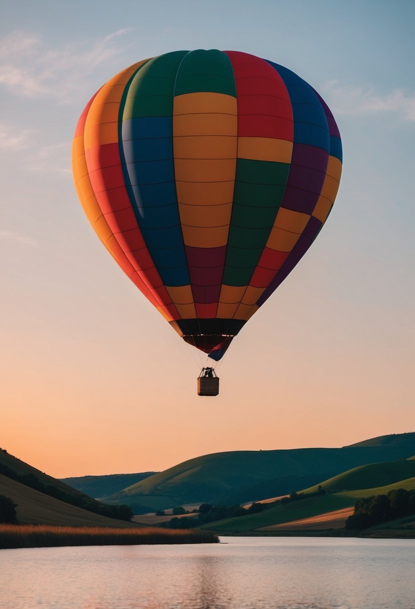 A colorful hot air balloon floats above rolling hills and a serene lake at sunset