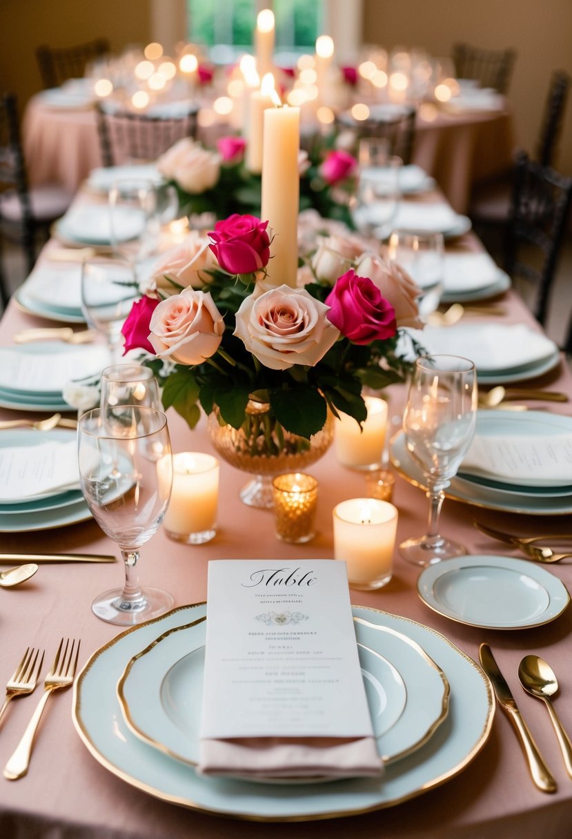 A beautifully set table with elegant place settings, romantic lighting, and a centerpiece of roses and candles