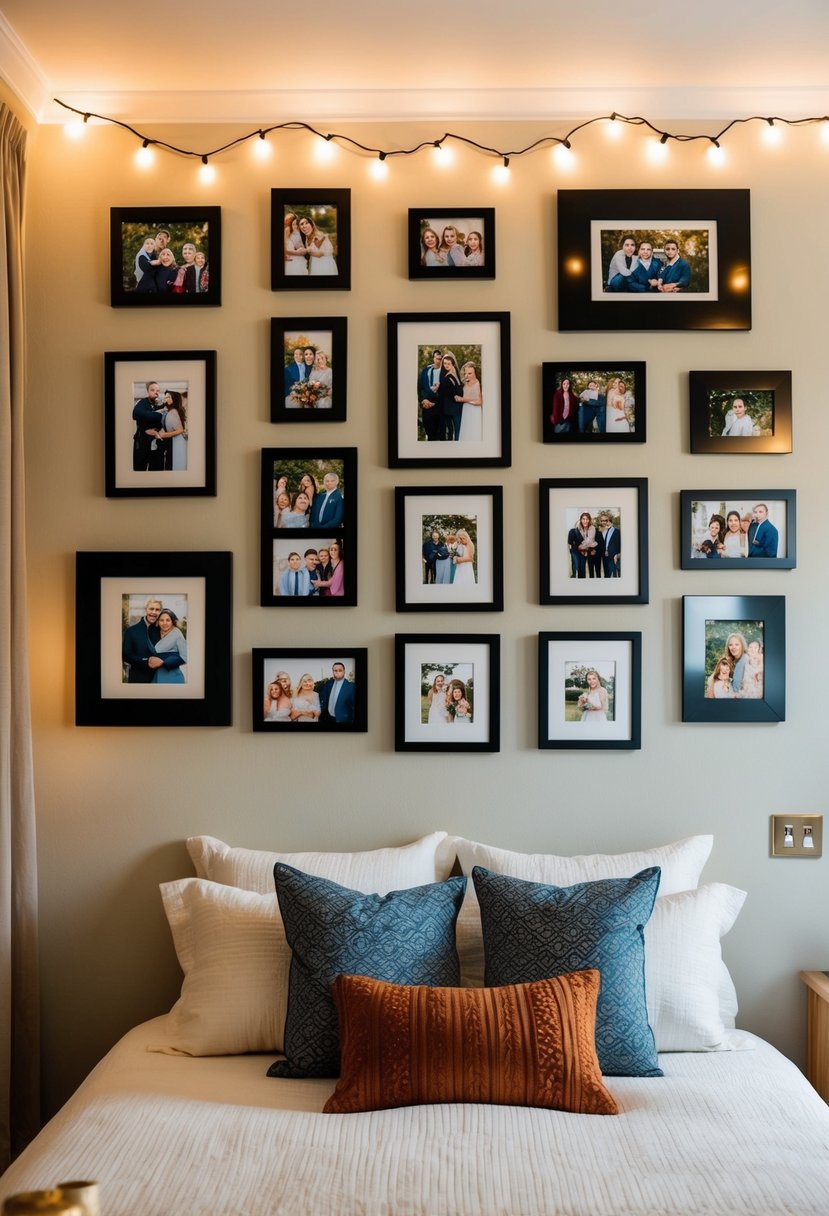 A cozy bedroom with a wall adorned with framed photos capturing special moments from the past 14 years. Fairy lights twinkle above the display, creating a warm and romantic ambiance