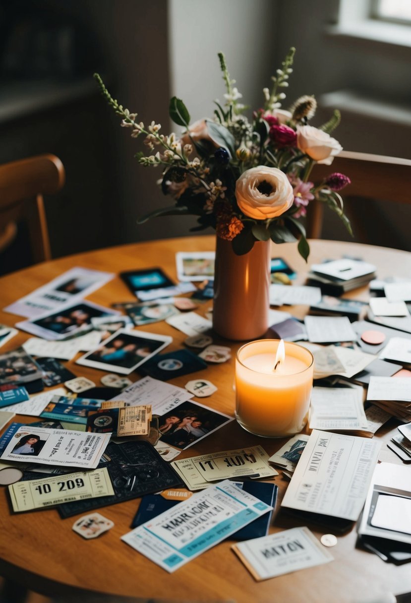 A table scattered with photos, tickets, and mementos. A vase of flowers sits in the corner, while a candle flickers in the center