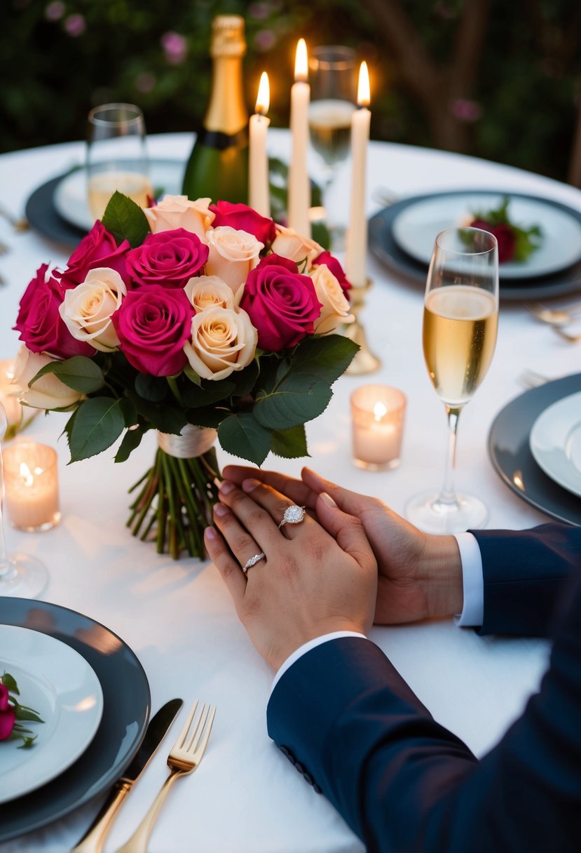 A couple's hands holding a bouquet of roses with a wedding ring on a table set for a romantic dinner with candles and champagne