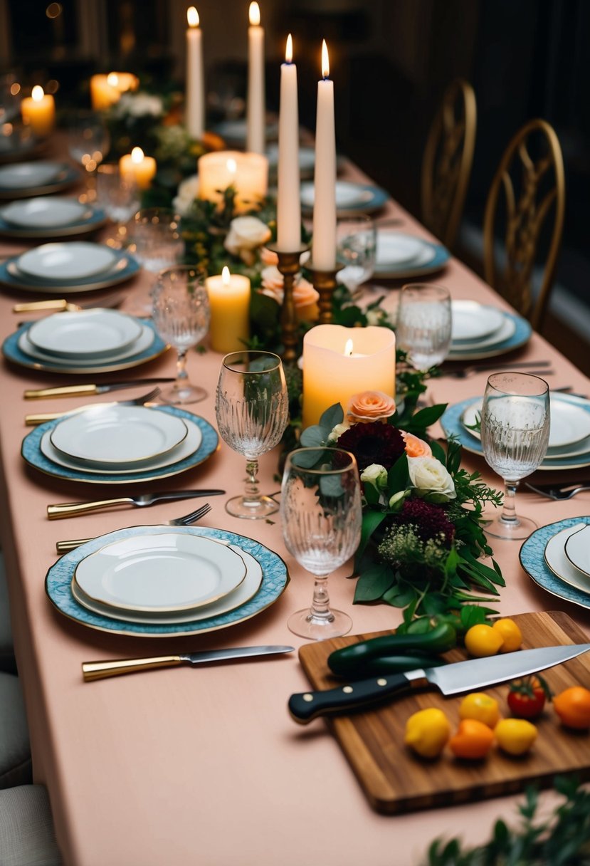 A beautifully set table with candles, fine china, and a floral centerpiece. A chef's knife, cutting board, and fresh ingredients ready for cooking