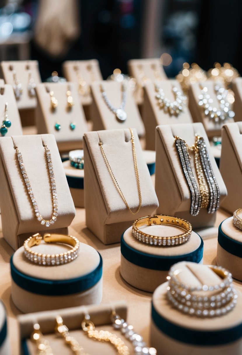 A table adorned with sparkling earrings, delicate necklaces, and shimmering bracelets, all displayed on velvet stands