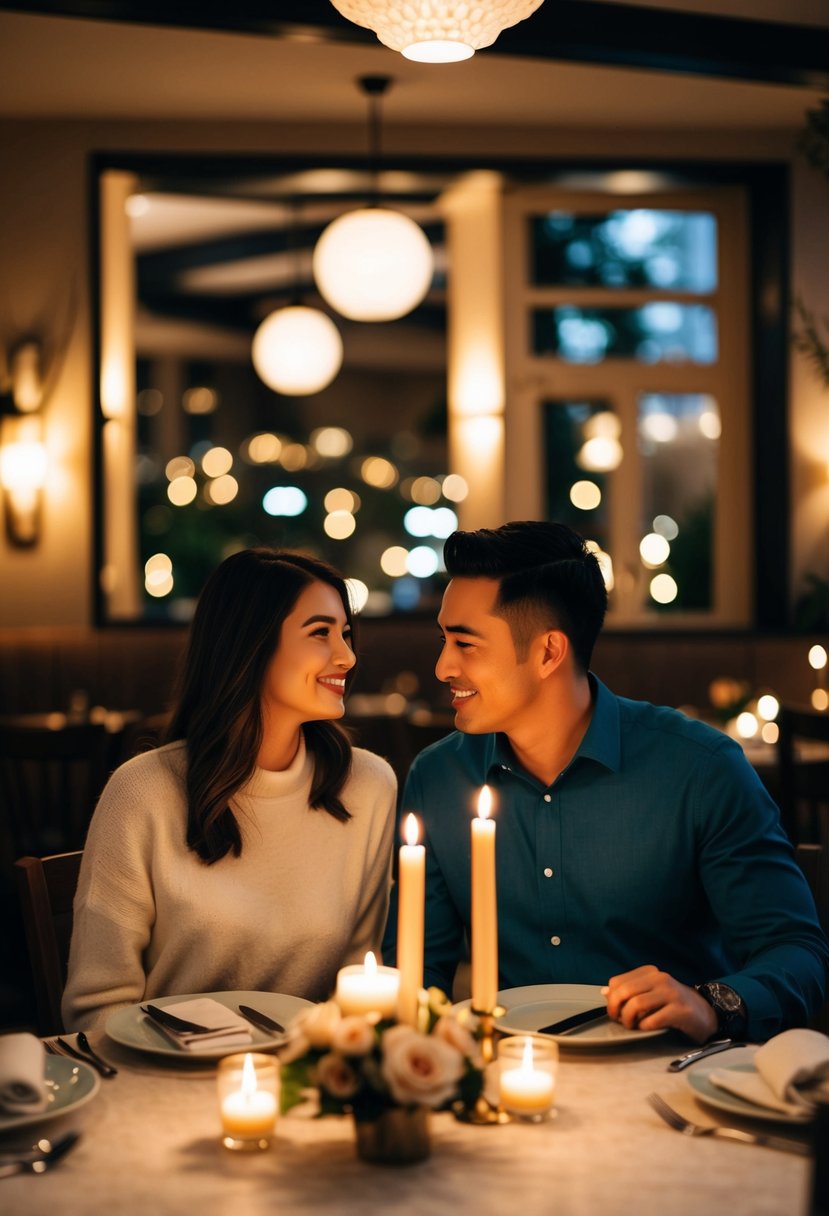 A couple sitting at a candlelit table in a cozy restaurant, surrounded by soft lighting and romantic decor