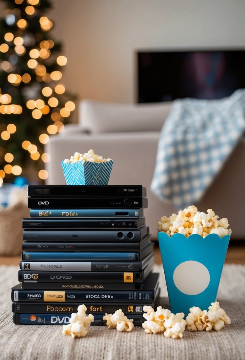 A cozy living room with a stack of DVDs, popcorn, and a blanket fort