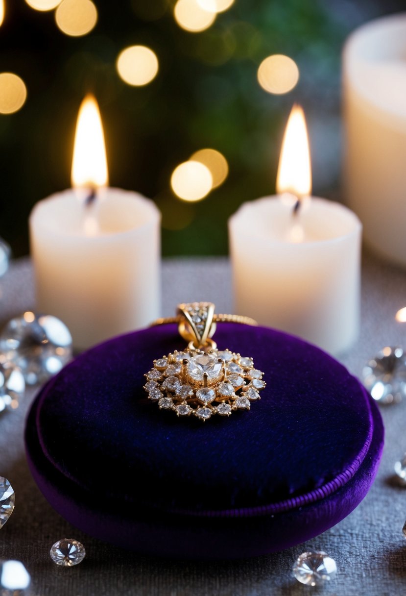 A delicate gold pendant on a velvet cushion, surrounded by sparkling gemstones and soft candlelight