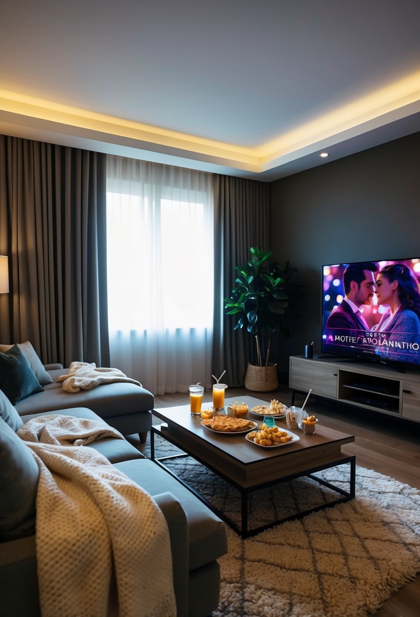 A cozy living room with dim lighting, a soft blanket draped over a plush couch, a coffee table adorned with snacks and drinks, and a large TV screen playing a romantic movie