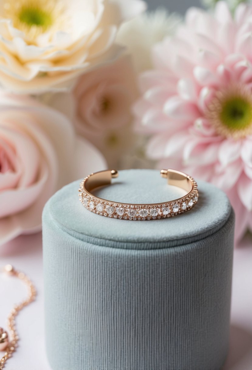 A delicate Nigella bracelet by Olive & Piper, adorned with sparkling crystals, rests on a velvet jewelry display against a backdrop of soft pastel flowers