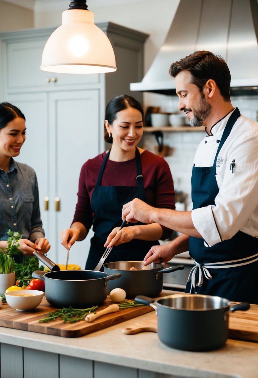 A cozy kitchen setting with a chef demonstrating cooking techniques to a couple, surrounded by pots, pans, and fresh ingredients