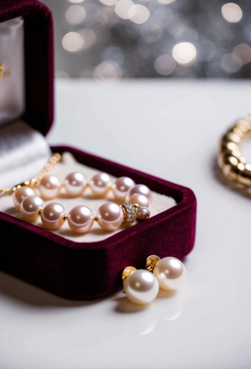 A pearl necklace and matching studs rest on a velvet jewelry box