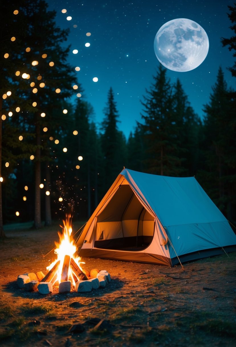 A cozy campfire surrounded by twinkling stars and a tent nestled in a serene, moonlit forest clearing