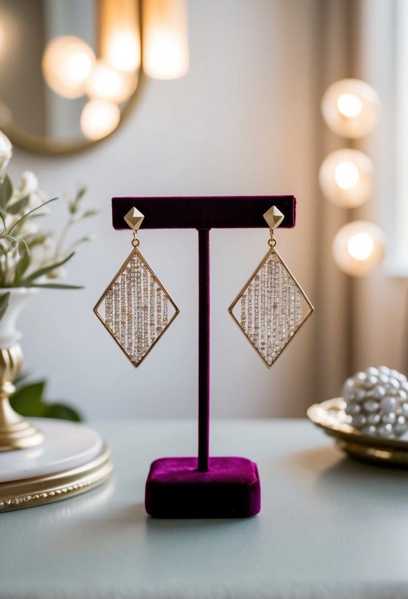 A pair of geometric shape earrings displayed on a velvet jewelry stand, surrounded by soft lighting and elegant decor