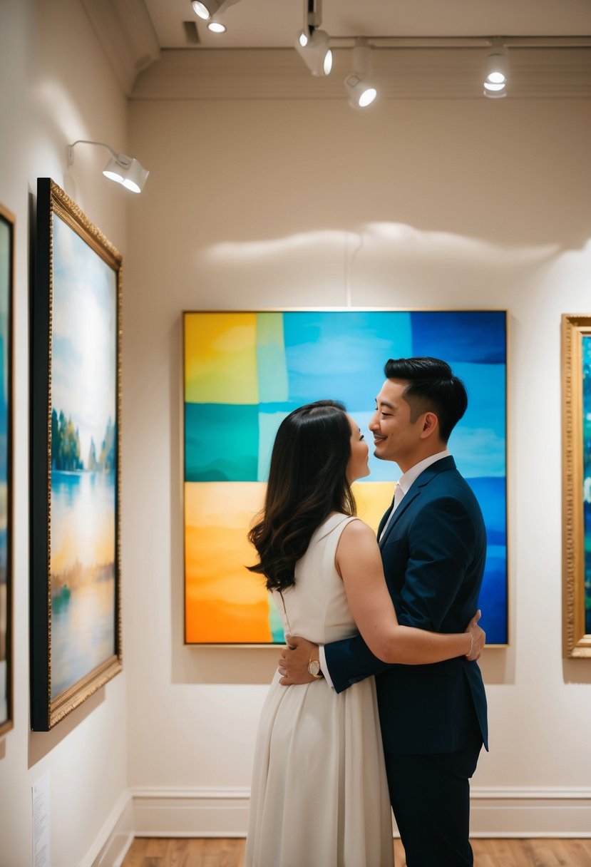 A couple admires colorful paintings in an art gallery, surrounded by elegant frames and soft lighting