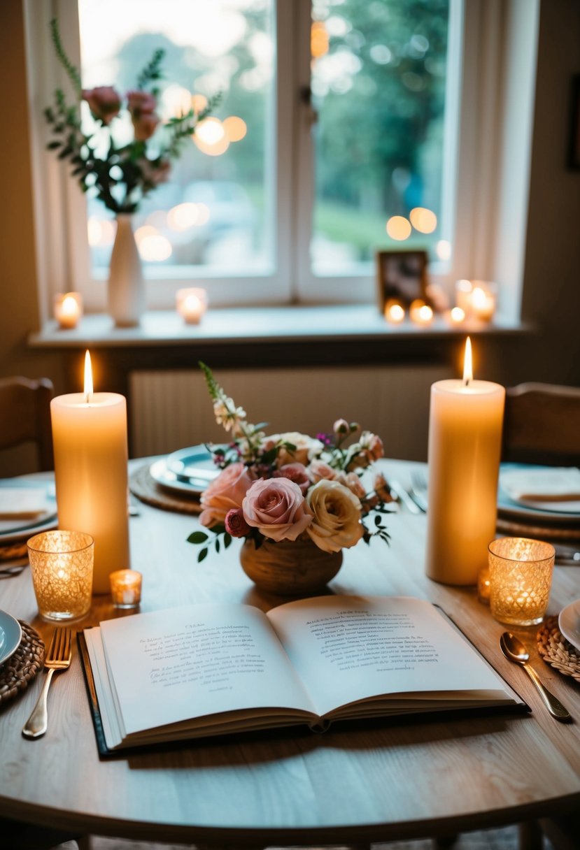 A cozy table set with candles and flowers, two love letters exchanged, and a photo album open to cherished memories