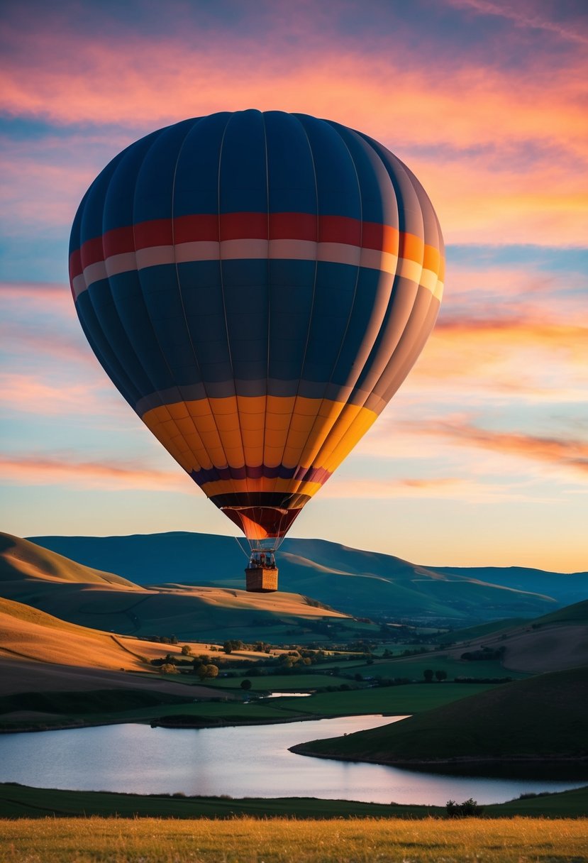 A hot air balloon rises above a picturesque landscape at sunset, with rolling hills, a serene lake, and a colorful sky