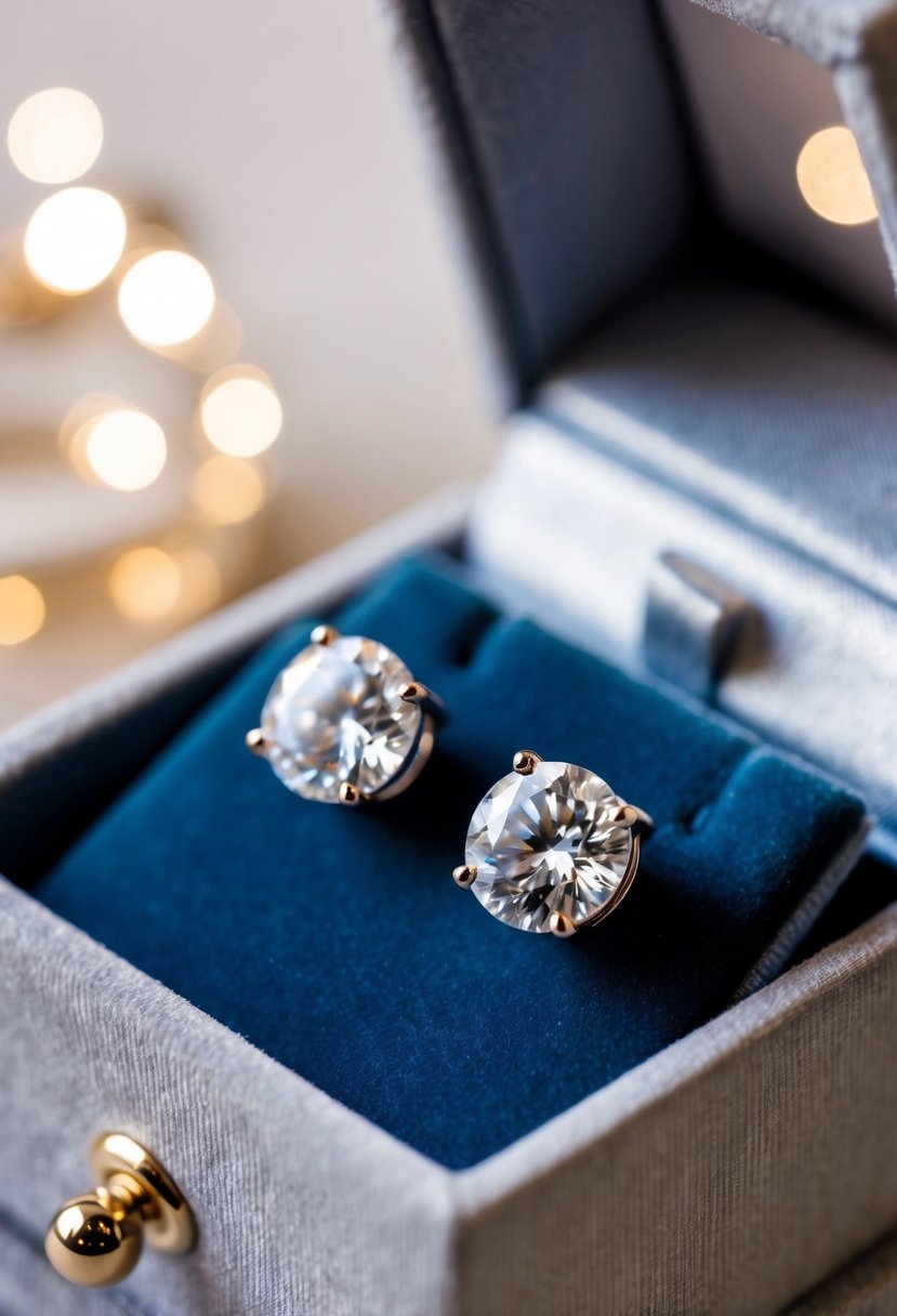 A close-up of elegant diamond stud earrings displayed on a velvet jewelry box, with soft lighting to highlight their sparkle