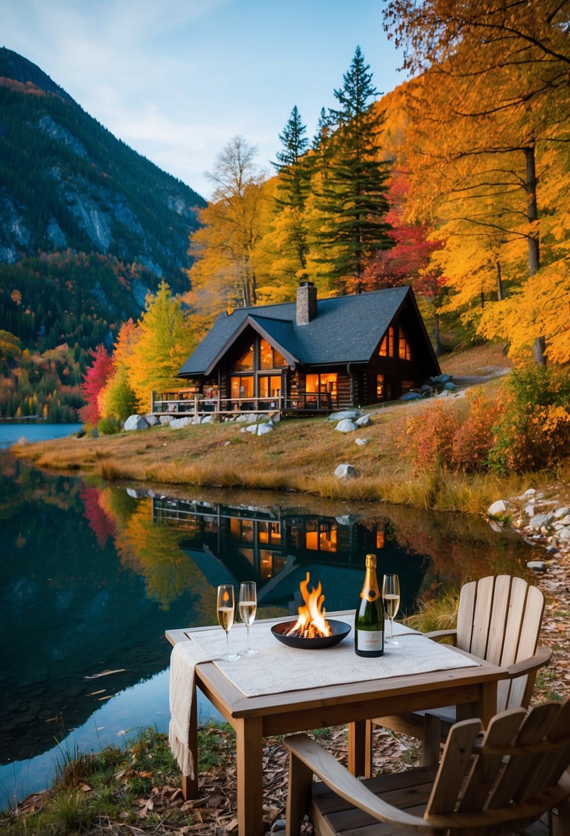 A cozy cabin nestled in the mountains, surrounded by colorful autumn foliage and a tranquil lake, with a crackling fire and a bottle of champagne on the table