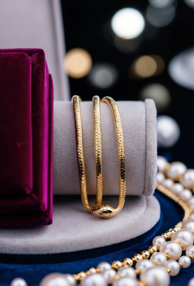 A delicate gold snake chain bracelet draped over a velvet jewelry display, surrounded by shimmering gemstones and pearls