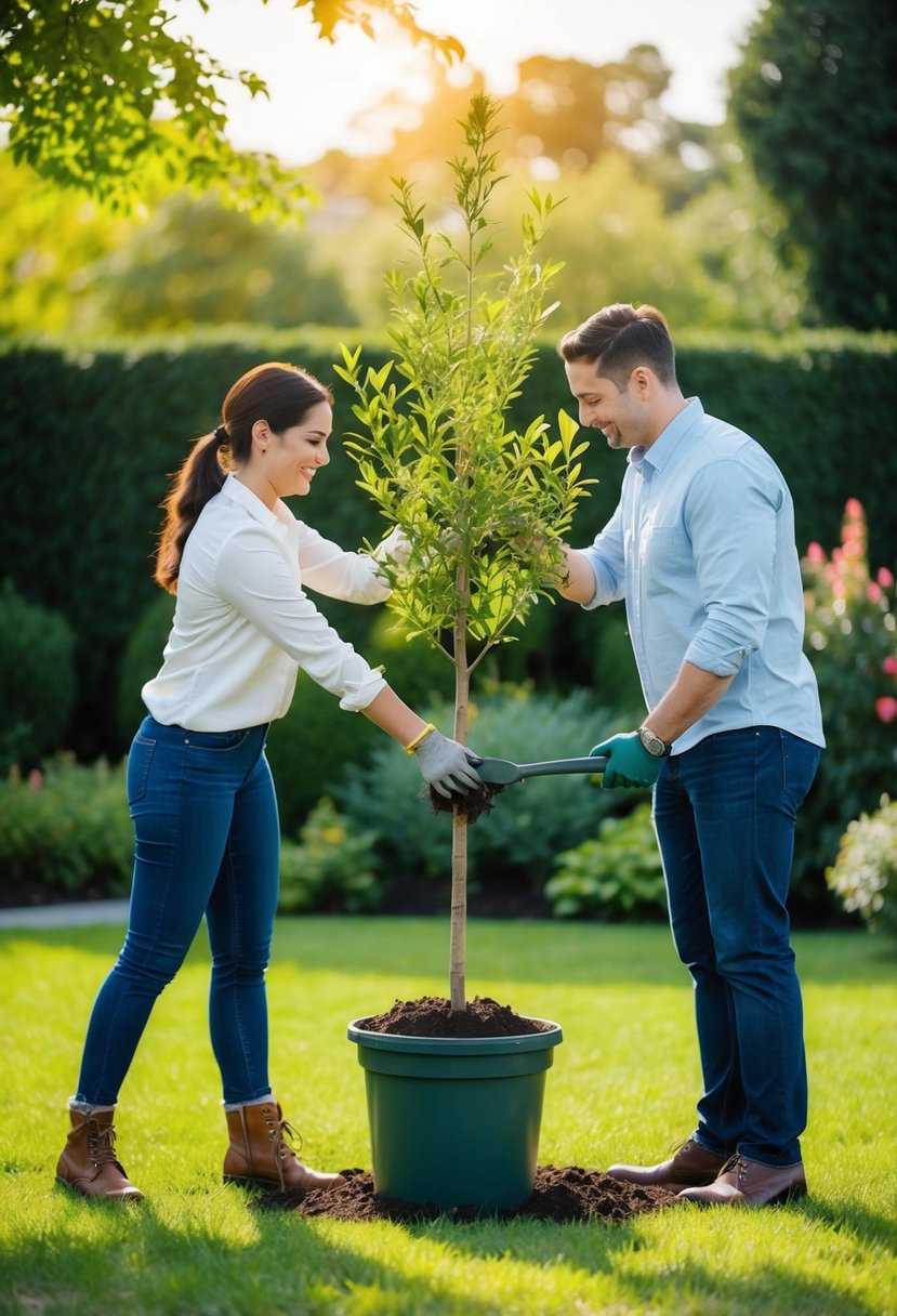 A couple planting a tree together in a lush garden