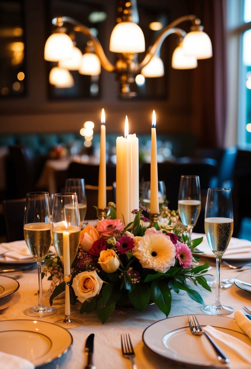 A romantic dinner setting with candles, flowers, and champagne on a beautifully decorated table in a cozy restaurant