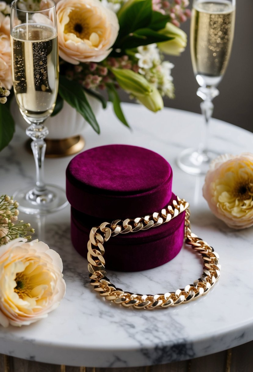 A gold chain necklace draped over a velvet jewelry box on a marble table, surrounded by delicate floral arrangements and sparkling champagne glasses