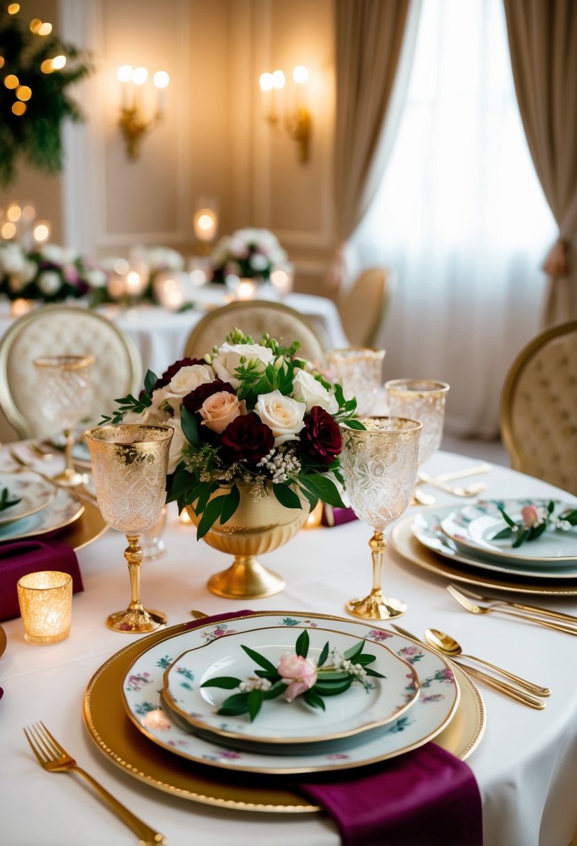 A beautifully set table with elegant decorations and themed dinnerware, surrounded by romantic ambiance and soft lighting